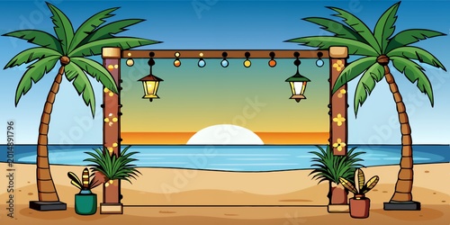 A serene beach scene at sunset with palm trees and a decorative archway