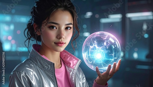 A young girl holds a glowing crystal ball
