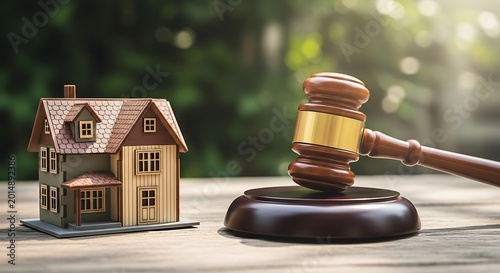 Real estate auction concept with wooden judge gavel and house model, property law and foreclosure sale, mortgage litigation on outdoor background