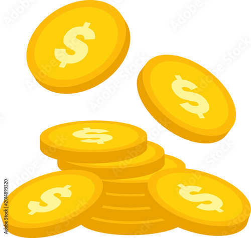 Golden Dollar Coins Stack Falling Cash Treasure Illustration for Finance and Investment