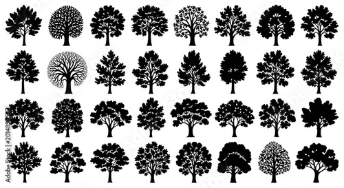 Collection of various stylized black tree silhouettes with different shapes and foliage styles.