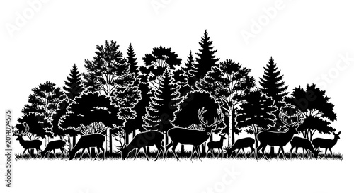 Photography Silhouette of a forest scene with various wild animals and tall pine trees