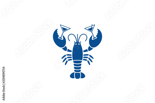 Blue lobster holding two cocktail glasses in its claws on white background