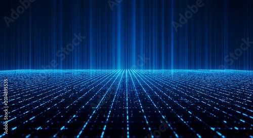 Futuristic digital landscape with glowing blue lines and grid pattern