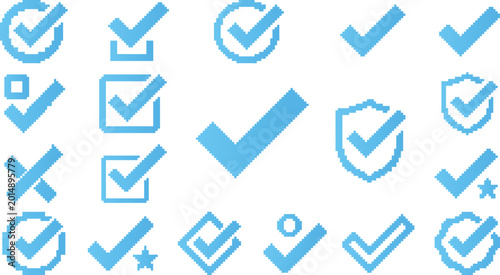 Canvas Print Set of blue pixel art checkmarks and tick icons for confirmation success verification and approval