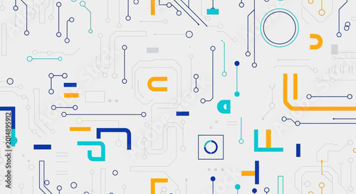 Abstract digital circuit board pattern with colorful lines and nodes on white background.
