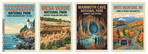 Vintage usa travel poster set. Including white mountains nh, mammoth cave kentucky, mesa verde colorado, and acadia national park. Retro vector illustration.
