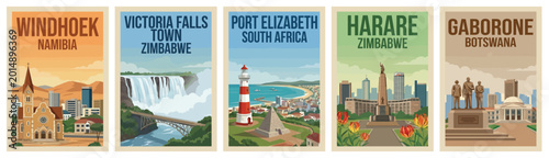 Vintage africa travel poster set. Including gaborone, port elizabeth, harare, windhoek, and victoria falls. Retro vector illustration.