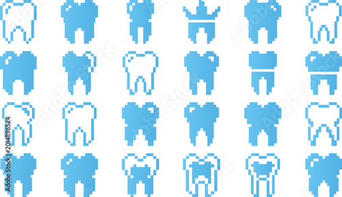 Collection of blue pixel art tooth icons representing dental care and oral hygiene in various styles and forms.