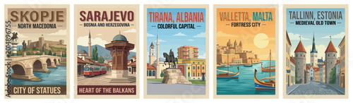 Vintage europe travel poster set. Including sarajevo bosnia, valletta malta, tirana albania, tallinn estonia, and skopje north macedonia. Retro wall art prints.