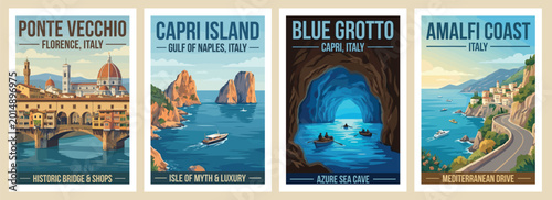Vintage italy travel poster set. Including capri island, amalfi coast, blue grotto sea cave, and ponte vecchio florence. Wall art prints.