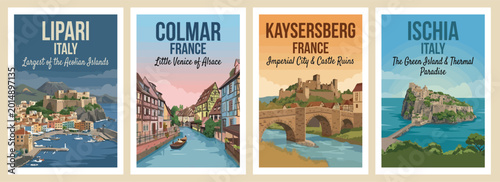 Vintage europe travel poster set. Including ischia italy, colmar france, lipari italy, and kaysersberg france imperial city. Wall art prints.