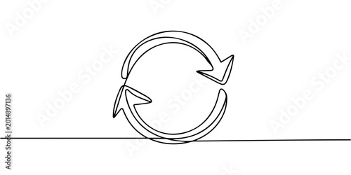 Canvastavla circular refresh or recycling symbol continuous one line drawing, Minimalist one line drawing of a recycle symbol with two curved arrows in a circle