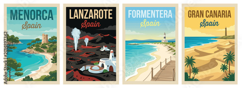 Vintage spain islands travel poster set. Including lanzarote volcano, gran canaria dunes, menorca coastal tower, and formentera beach. Wall art prints.