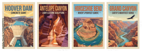 Vintage USA travel poster set. Showcasing concrete dam engineering, grand canyon gorge, antelope canyon light, and horseshoe bend river. Retro vector art.