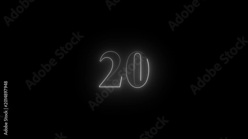 Neon 20 number mathematics text icon animation white color text on black background.Number 19 vector illustration. 