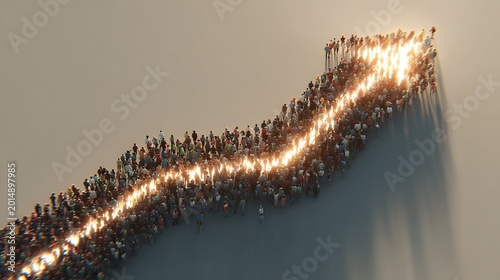Crowd of People Forming a Glowing Upward Trending Arrow Shape on Sand Representing Radiant Business Growth Success and Bright Future Concepts,