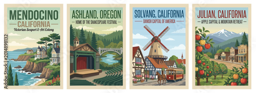 Vintage travel posters of Julian, Solvang, Mendocino in California, and Ashland in Oregon. Retro vector illustration of historic West Coast towns.