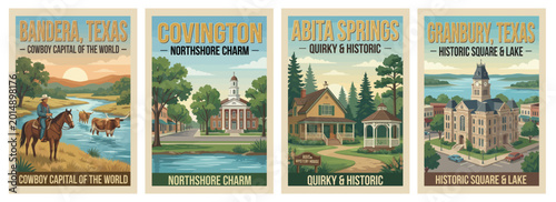Vintage travel posters of Granbury, Bandera in Texas, and Abita Springs, Covington in Louisiana. Retro vector art of historic squares and cowboy culture.