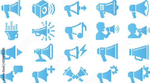 Set of blue pixel art megaphone and sound wave icons for broadcasting and audio notification in digital media.