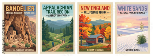 Vintage usa travel poster set. Including bandelier and white sands new mexico, new england fall foliage, and appalachian trail. Retro vector illustration.