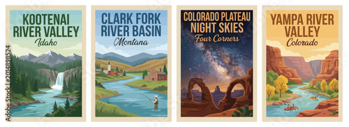 Vintage usa travel poster set. Including yampa river valley, colorado plateau night skies, clark fork river, and kootenai valley. Retro vector illustration.