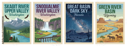 Vintage usa travel poster set. Including green river basin wyoming, great basin dark sky nevada, snoqualmie, and skagit river valley. Retro vector illustration.