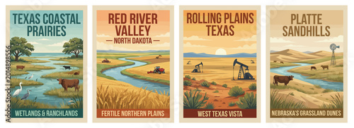 Vintage usa travel poster set. Including platte sandhills, rolling plains texas, red river valley north dakota, and coastal prairies. Retro vector illustration.