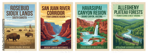 Vintage usa travel poster set. Including allegheny plateau, havasupai canyon, san juan river, and rosebud sioux lands. Retro vector illustration.
