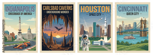 Vintage usa travel poster set. Including cincinnati ohio, houston texas, carlsbad caverns new mexico, and indianapolis indiana. Retro vector illustration.