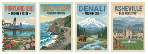 Vintage usa travel poster set. Including asheville blue ridge, denali alaska, big sur coast highway, and portland oregon roses and bridges. Retro vector illustration.