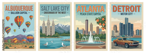 Vintage usa travel poster set. Including atlanta peach state capital, detroit motor city, salt lake city, and albuquerque balloon capital. Retro vector art.