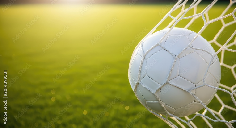 Fototapeta premium A detailed close-up shot of a white soccer ball nestled in the white mesh of a goal net, set against a blurred, vibrant sunlit grass field, round, tournament, win