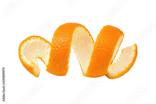 Cuadro en lienzo Fresh orange peel spiral isolated on light gray background, vibrant citrus rind