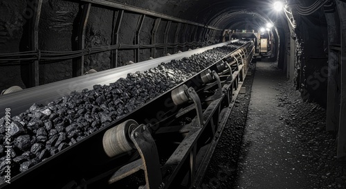 A heavy-duty industrial conveyor belt carries raw black coal through a dark underground mining tunnel with metallic structures and rollers, spotlight, equipment, transfer