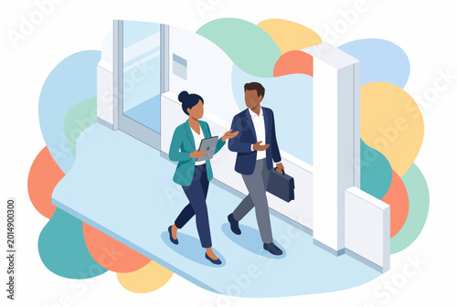 Colleagues walking and talking in a modern office hallway