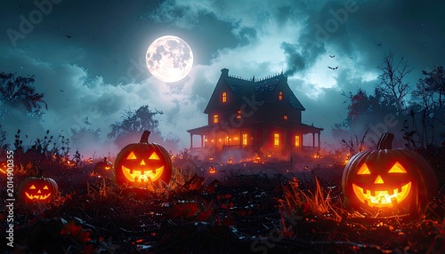 A spooky, atmospheric scene depicts a haunted house illuminated by glowing jack-o'-lanterns under a full moon, evoking a classic Halloween night.