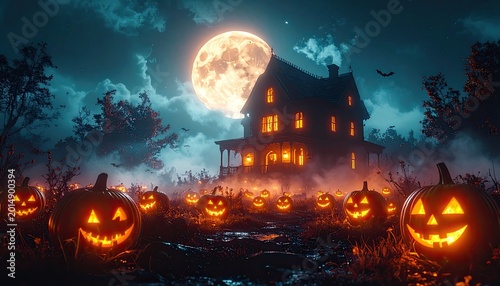 A spooky, old Victorian house glows eerily under a full moon, surrounded by a field of illuminated jack-o'-lanterns, creating a classic Halloween scene.