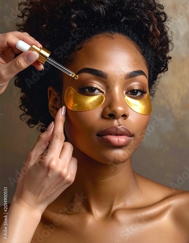 A woman with gold eye patches and a dropper