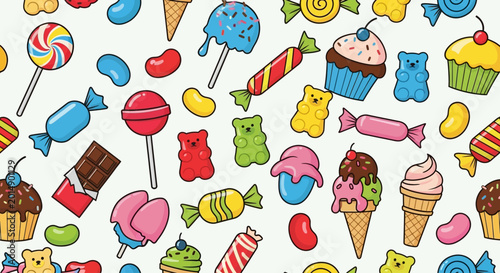 Photos Seamless pattern with colorful sweets and candies on light background