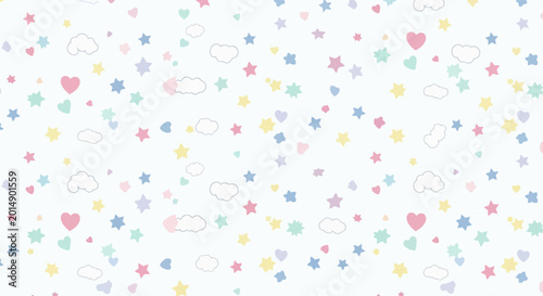 Canvastavla Seamless pastel pattern with stars hearts clouds and dots on white background