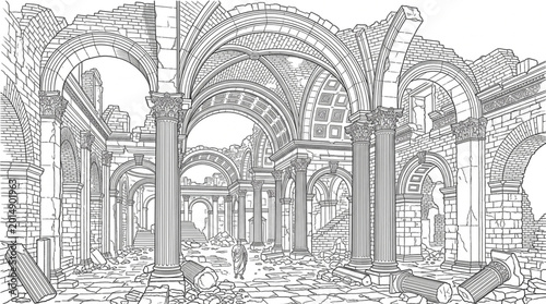 Fotografie Ancient Roman Ruined Basilica Interior with Arches and Columns.