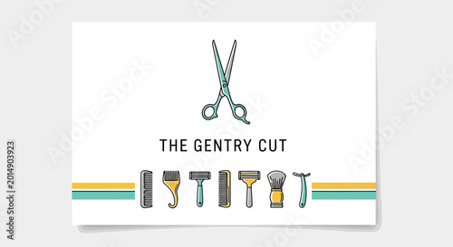 Fotografie Illustration of hair cutting tools and scissors with text the gentry cut