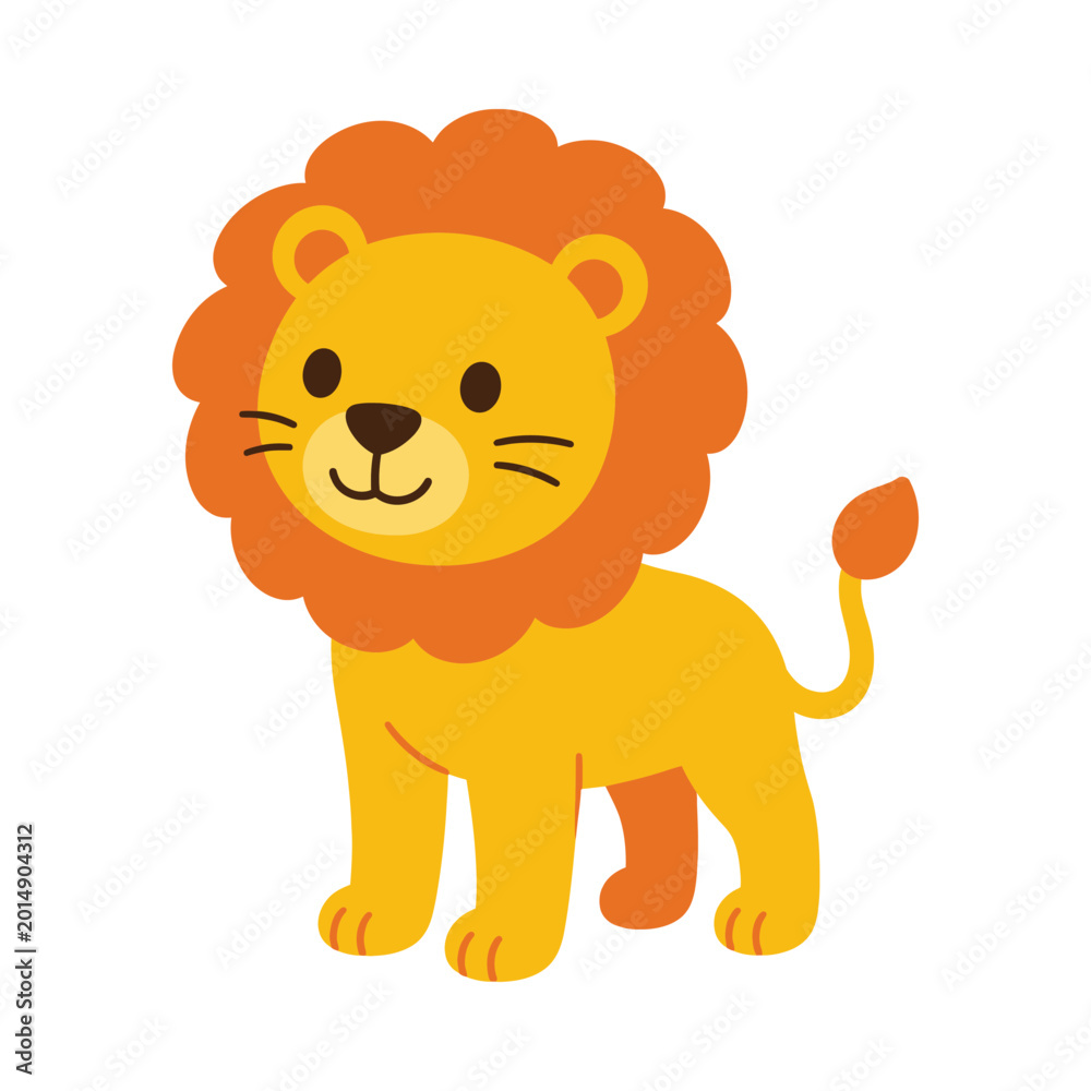 Obraz premium Cute cartoon lion character standing on white background.