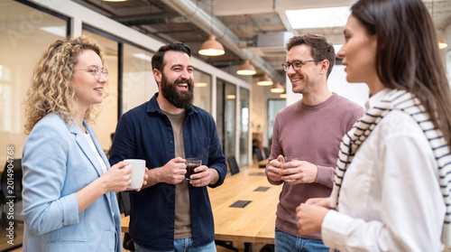 Coworker office conversation coffee teamwork business meeting Four coworker modern office hallway, friendly conversation