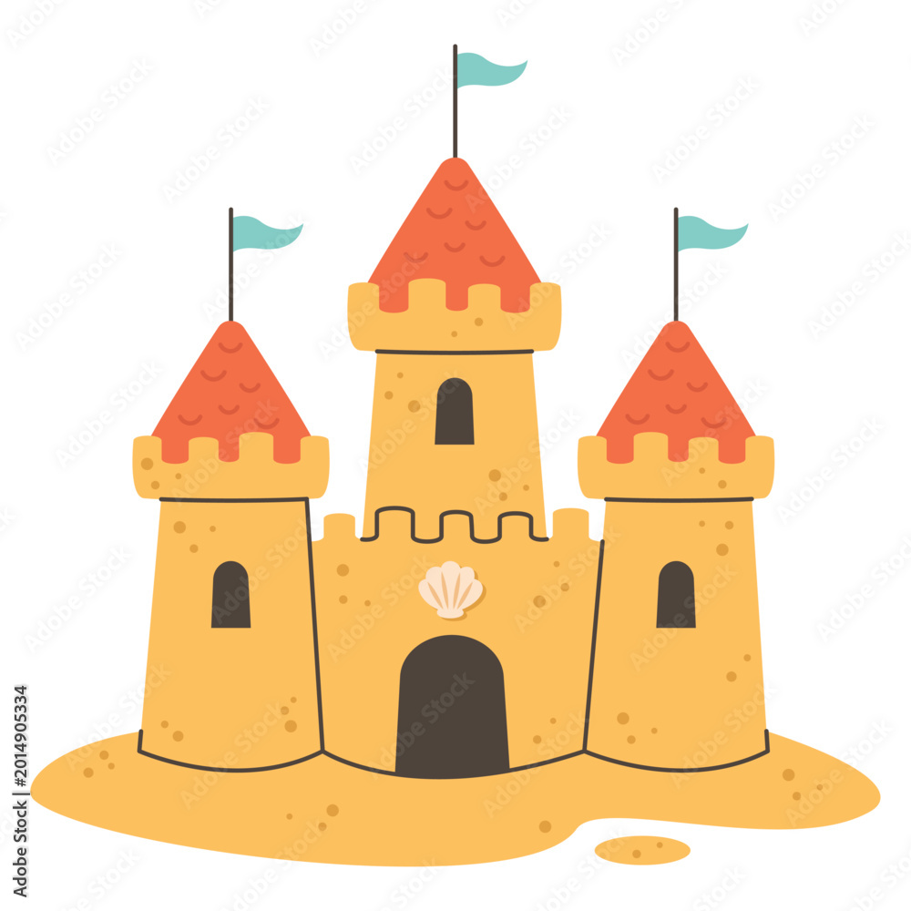Fototapeta premium Hand drawn sand castle with shells and flags