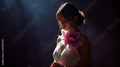 a woman in a white dress holding a large flower