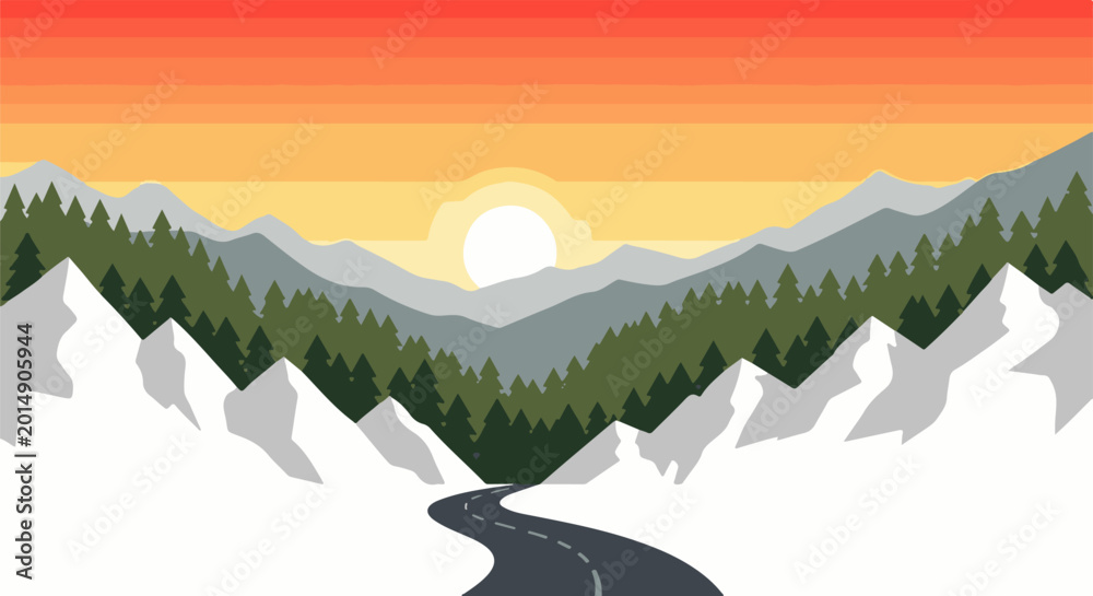 Fototapeta premium Serene mountain vista with a winding road during a vibrant sunset