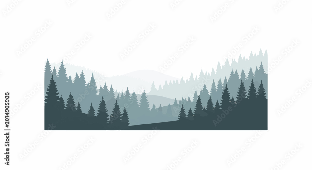 Fototapeta premium Silhouetted evergreen trees layered on misty hills fade into horizon