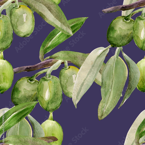 Watercolor olive tree branch. Image on white and colored background. Patten seamless.